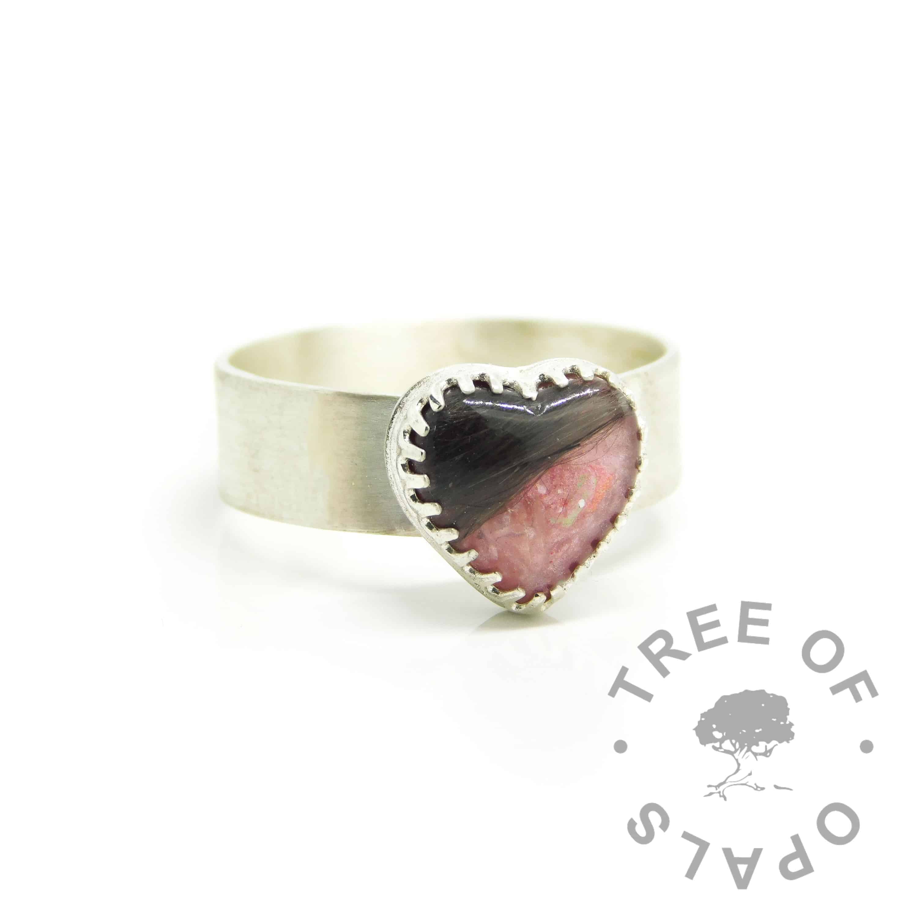 heart hair ring pink, fairy pink resin sparkle mix, brushed band heart ring setting