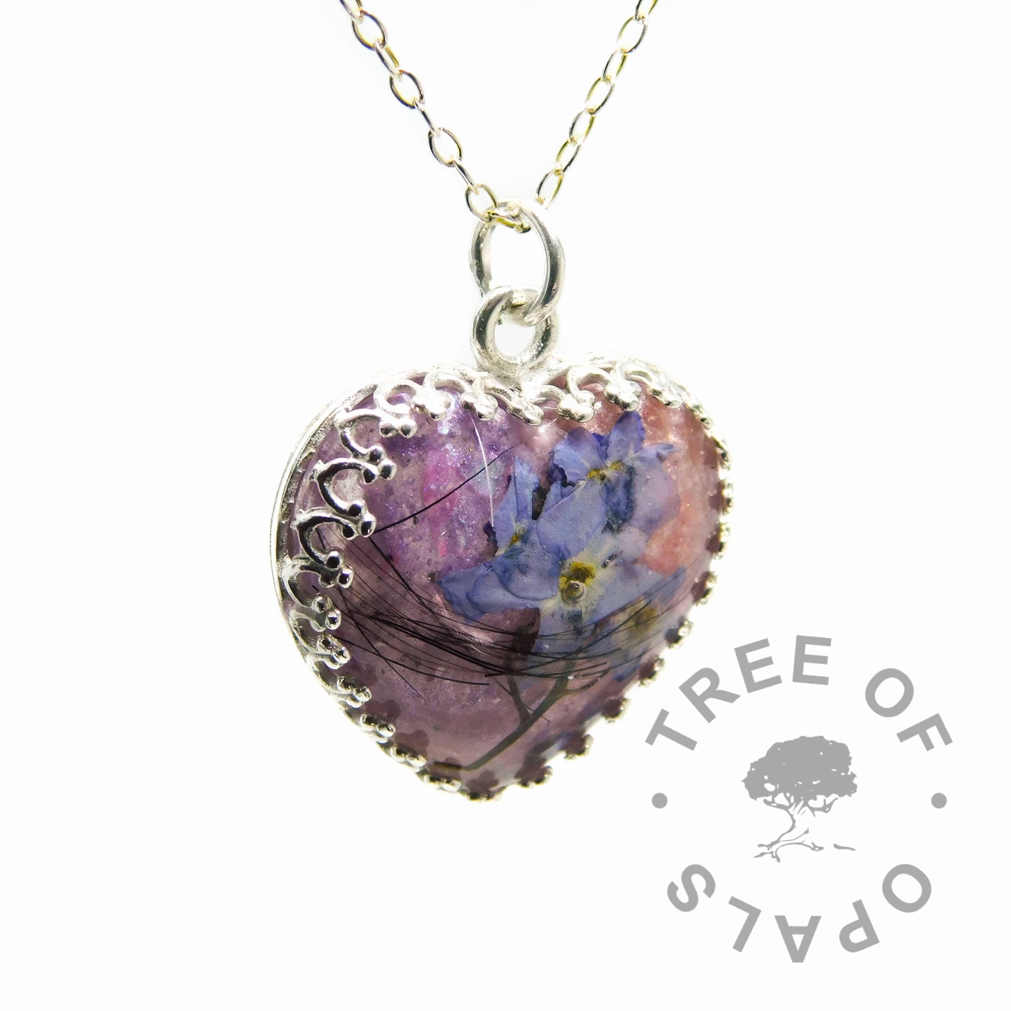 lock of hair heart necklace forget me not, pink and purple resin and crown setting. Handmade solid sterling silver memorial necklace by Tree of Opals