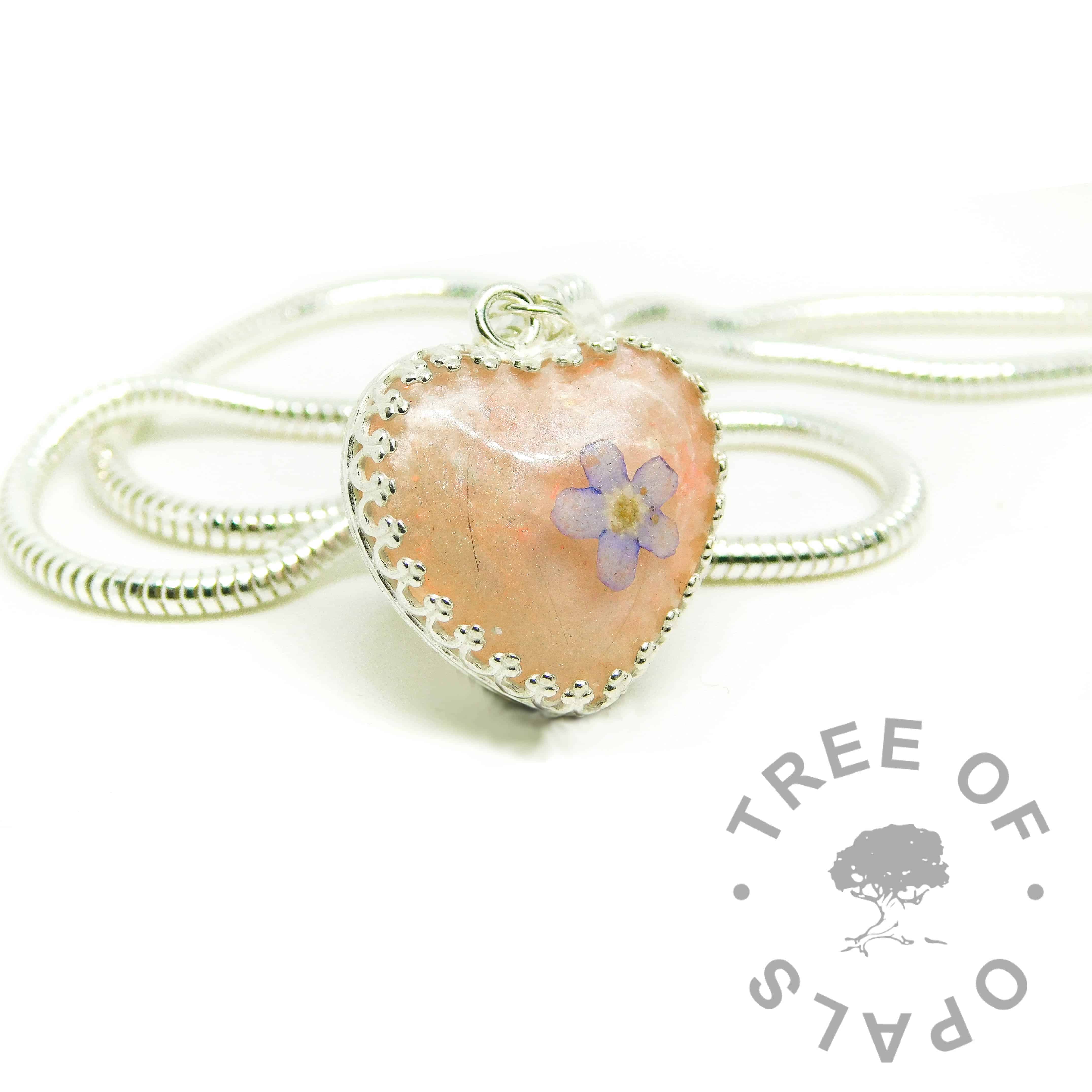 pink hair heart, lock of hair heart with Fairy Pink Resin Sparkle Mix, forget me not VIP addition. White/clear see-through hair