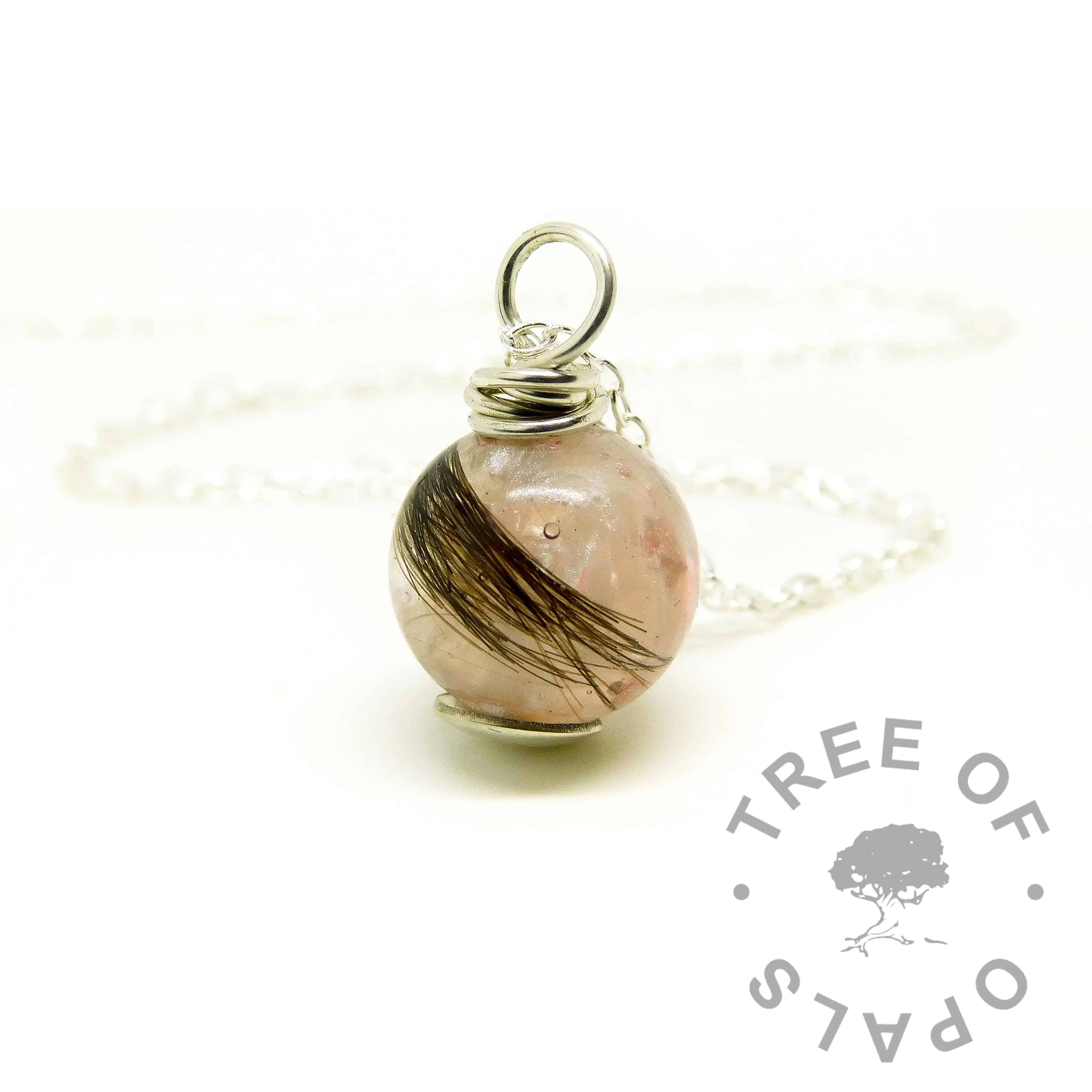 pink hair orb wire wrapped necklace setting. Fairy pink resin sparkle mix