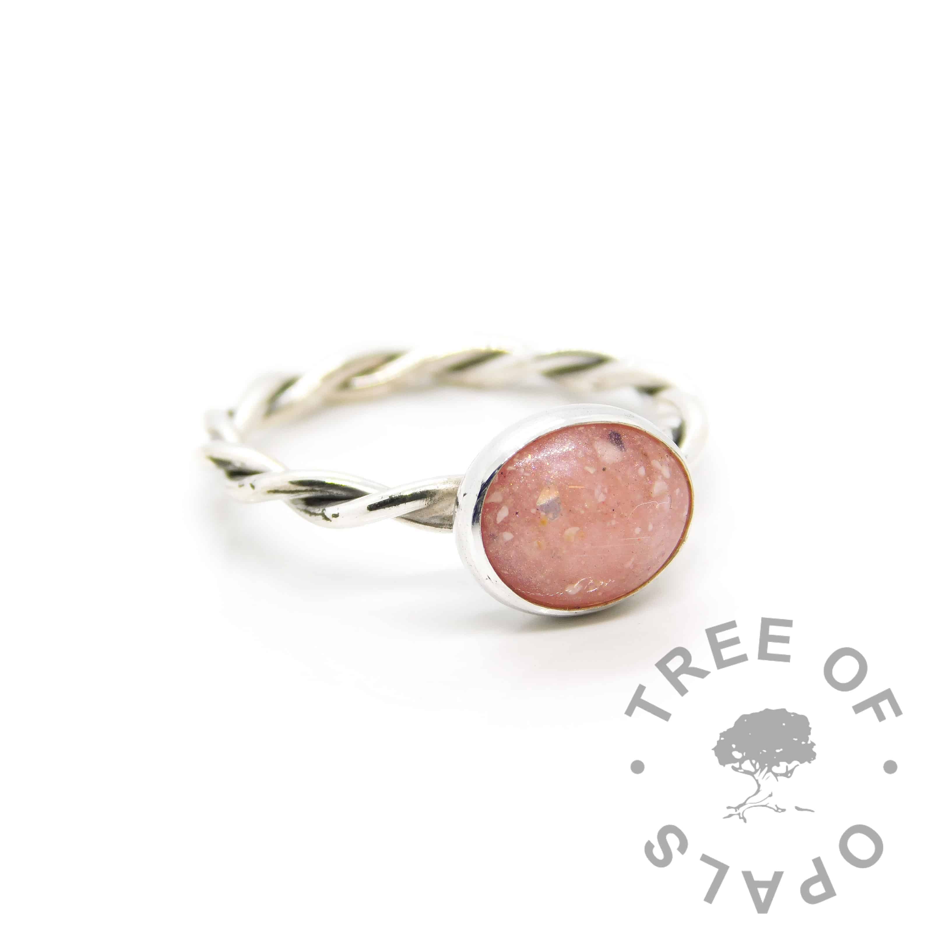 pink twist ashes ring, fairy pink resin sparkle mic, handmade twisted Argentium 935 silver wire band