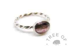 lock of hair ring, fairy pink sparkle mix on a twisted wire band, handmade by Tree of Opals in solid sterling silver