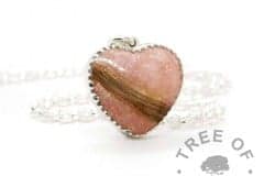 New style heart necklace setting with scalloped edge. Fairy pink resin sparkle mix, lock of hair, shown with a medium classic chain upgrade (mockup of new setting)