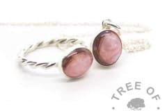 pink lock of hair necklace in asolid sterling silver, made as a mystery piece to accompany the pictured twisted band ring