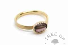 solid gold lock of hair ring brushed 14ct hallmarked yellow gold stacking ring, memorial hair with fairy pink sparkle mix in an 8x6mm cabochon handmade by Tree of Opals