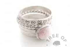 pink and diamond powder cremation ash ring stack, bubble wire, textured and heart stackers, handmade solid silver stacking rings Tree of Opals