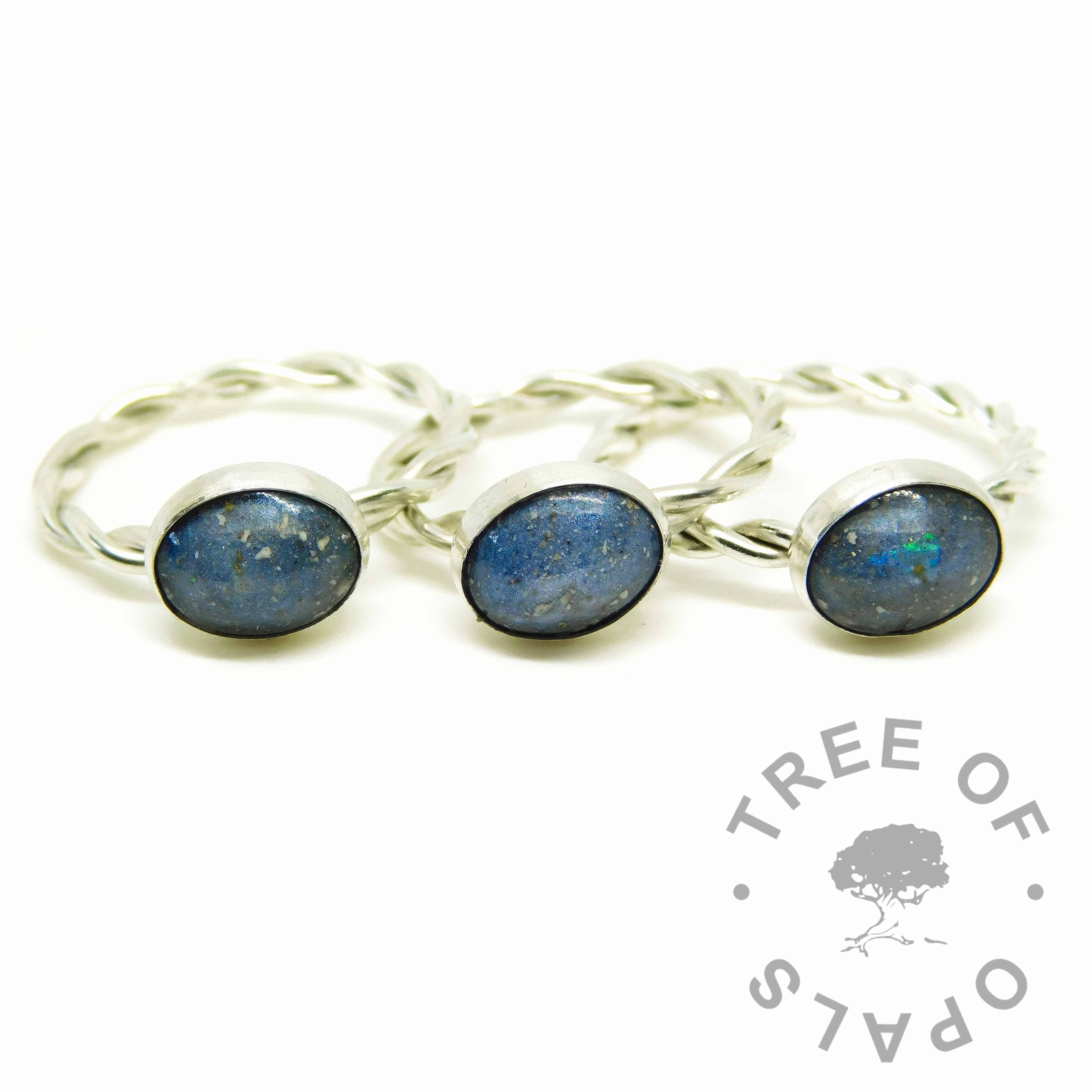 blue ashes rings, Aegean blue resin sparkle mix, twisted wire Argentium silver bands