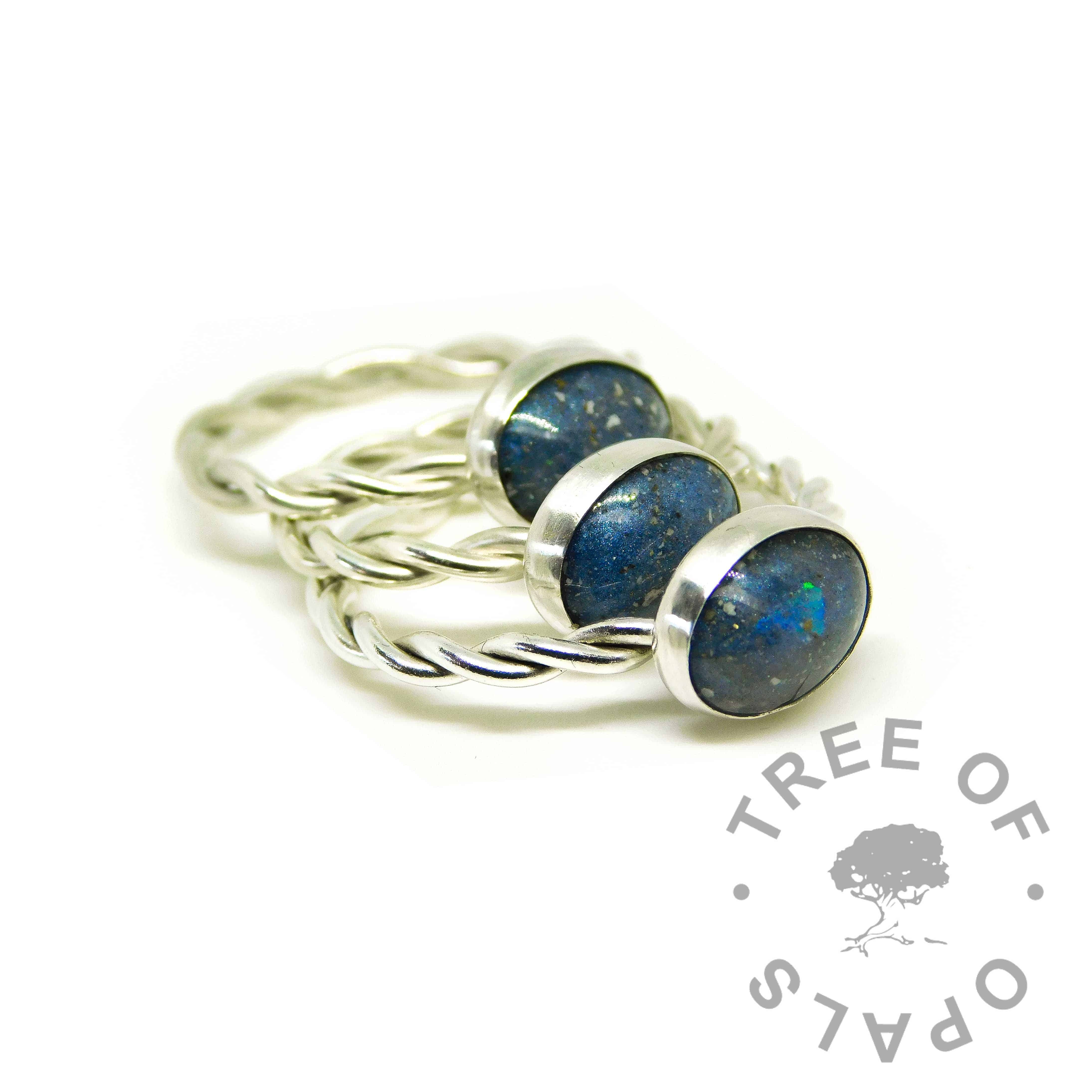 blue ashes rings, Aegean blue resin sparkle mix, twisted wire Argentium silver bands