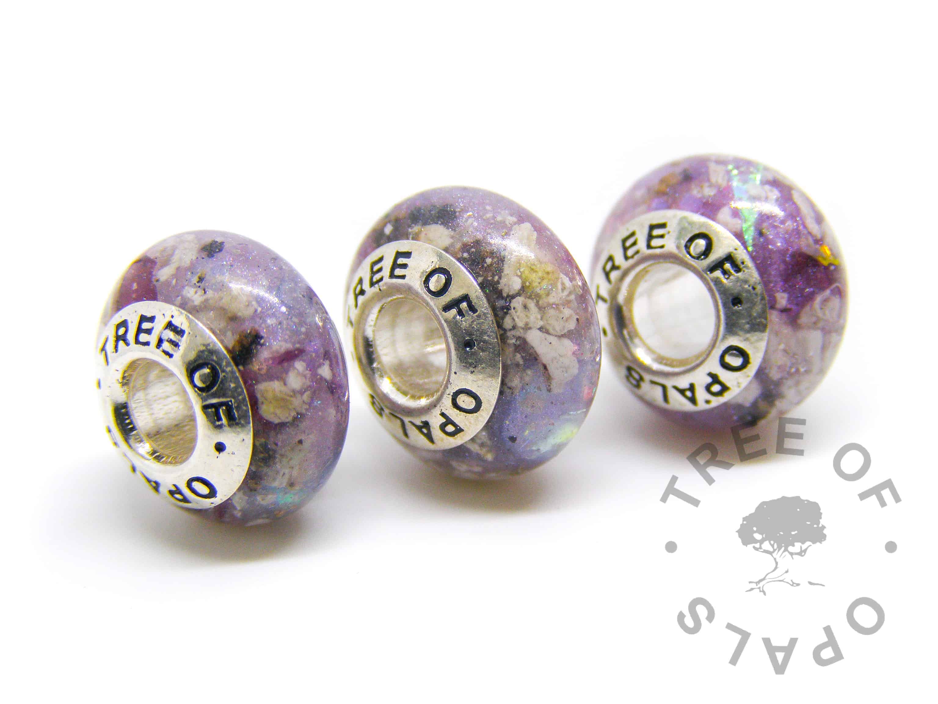 cremation ash family order orchid purple opal October birthstone, charm trio for Pandora bracelets, solid sterling silver Tree of Opals core