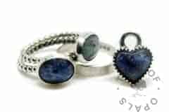 bubble wire ash rings with Aegean blue and mermaid teal sparkle mix, engraved textured ring and heart ash charm