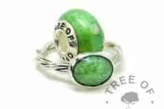 basilisk green sparkles ashes charm and ring, cremation ash, no birthstone