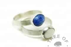 Cremation ash rings with Aegean blue and unicorn white resin sparkle mixes. Brushed band ring solid sterling EcoSilver