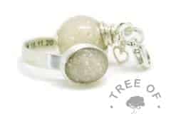 Engraved brushed band cremation ash ring and dangle charm pearl with unicorn white sparkle mix. Ring engraved inside in Arial font and hearts.  Handmade solid sterling silver memorial family order