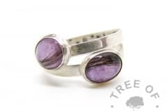 lock of hair rings with orchid purple sparkle background galaxy effect, brushed solid sterling silver band and stamping