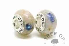 Cremation ash charm duo beads with September birthstone sapphire, rose gold leaf and unicorn white resin sparkle mix