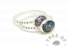 blue and purple ashes rings, Aegean blue and orchid purple resin sparkle mix, bubble wire Argentium silver bands