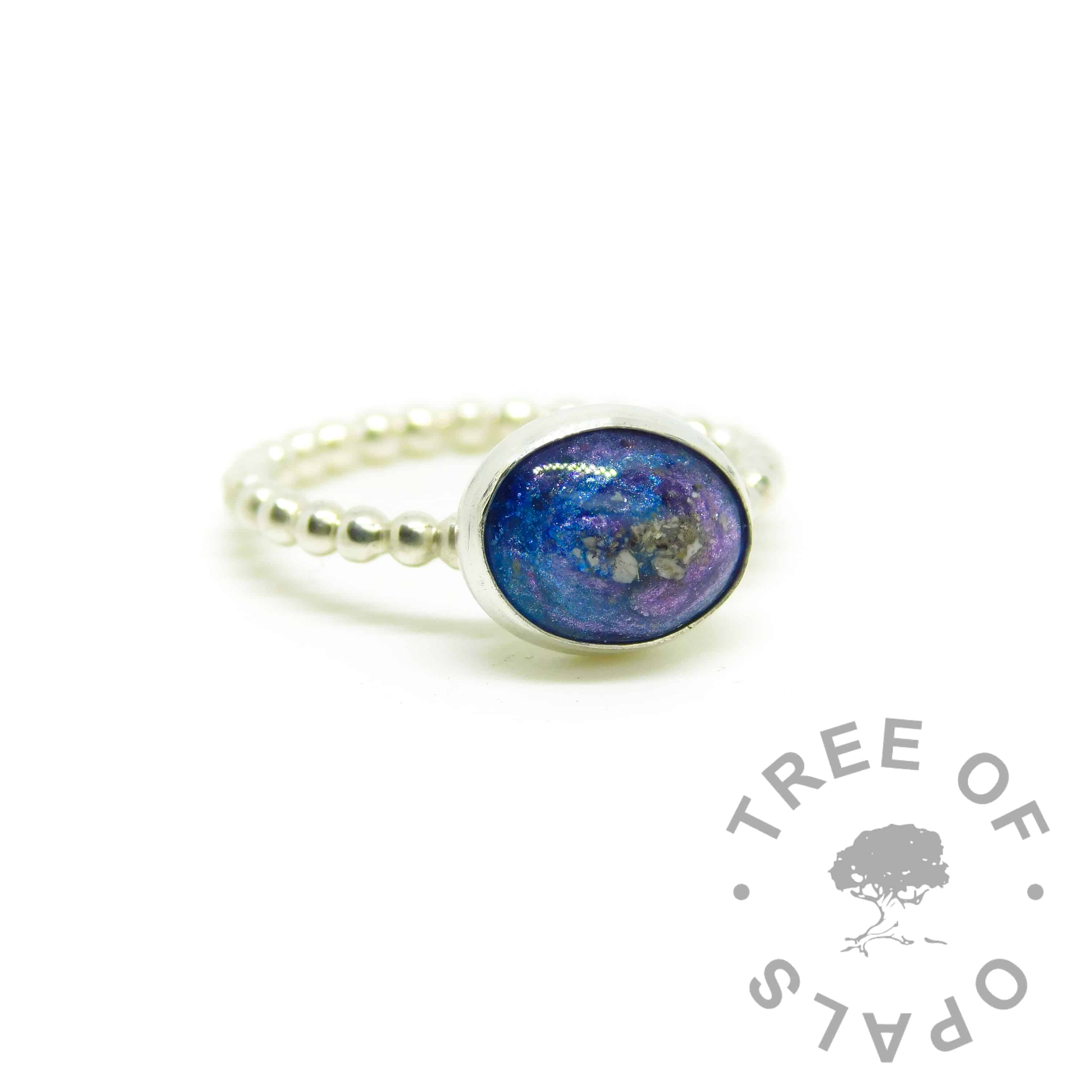 ashes jewellery bubble band ring, cremation ashes with blue and purple resin sparkle mixes swirled together