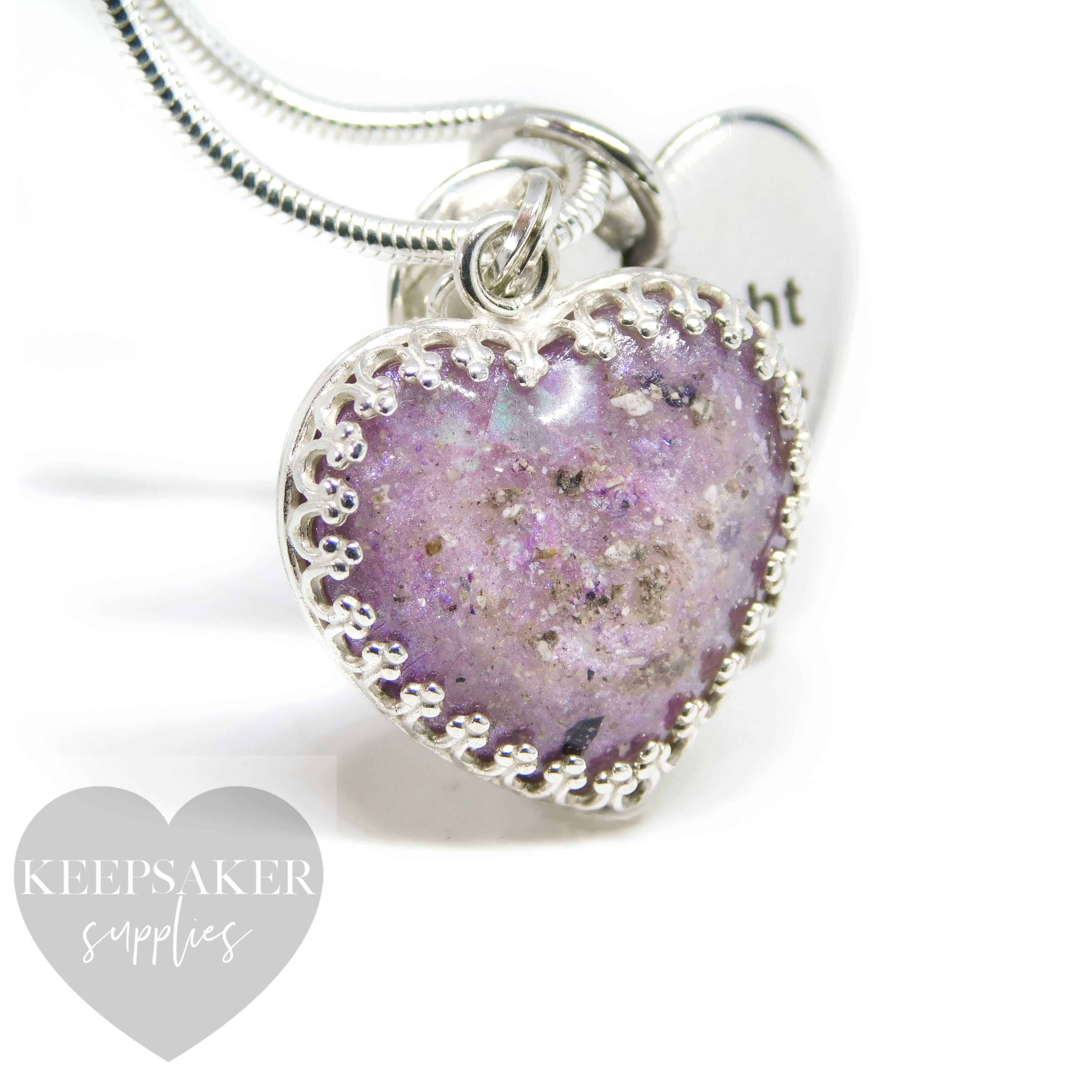 cremation ash heart with orchid purple sparkle mix and October birthstone opal, shown with a medium snake chain upgrade and large engraved heart