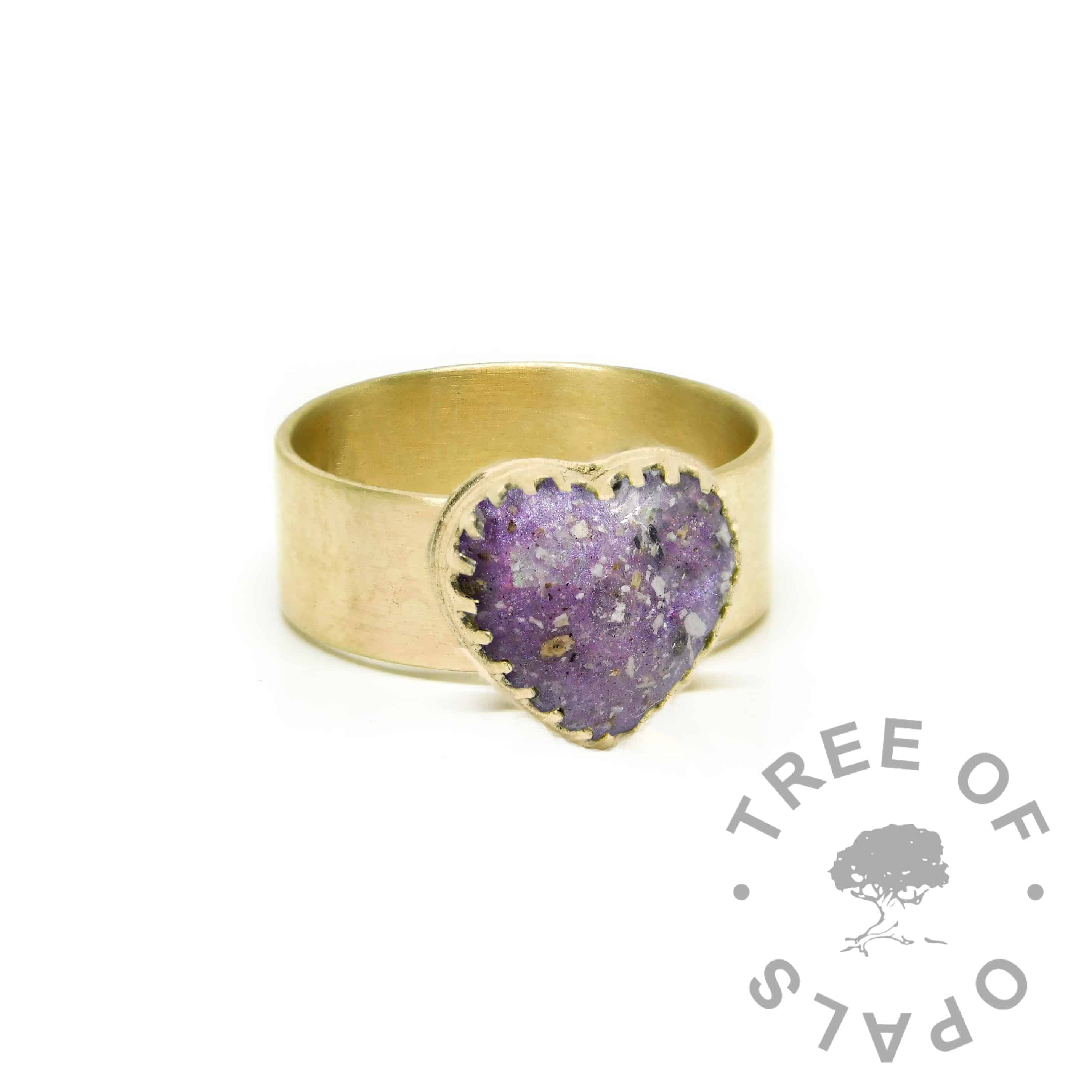 gold ashes heart ring wide band, 9ct gold brushed band, orchid purple resin sparkle mix. Mockup