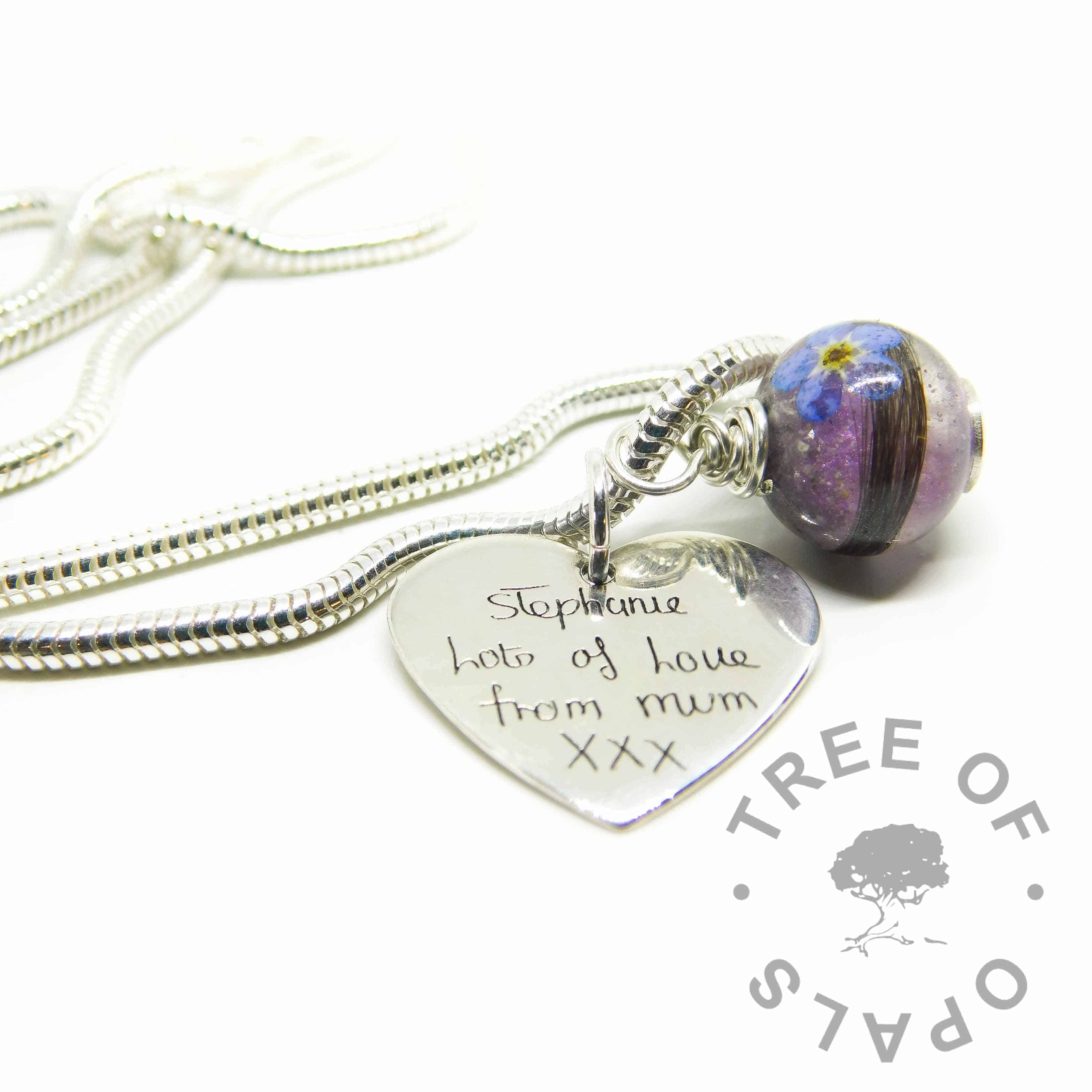 Hair orb with orchid purple and forget me not. Engraved medium heart pendant, handwriting, shown on a medium heavy snake chain