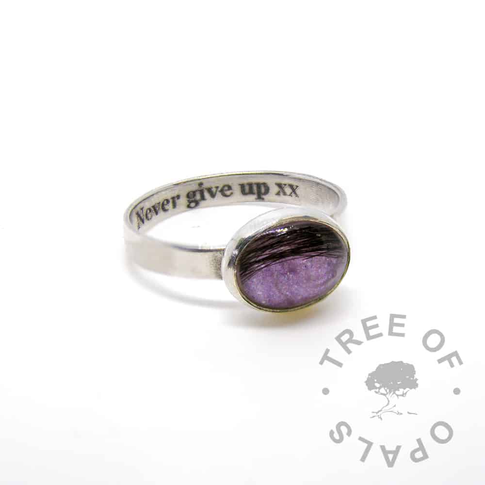 laser engraved text inside brushed band hair memorial ring orchid purple sparkles in a 10x8mm cabochon "stone" by Tree of Opals