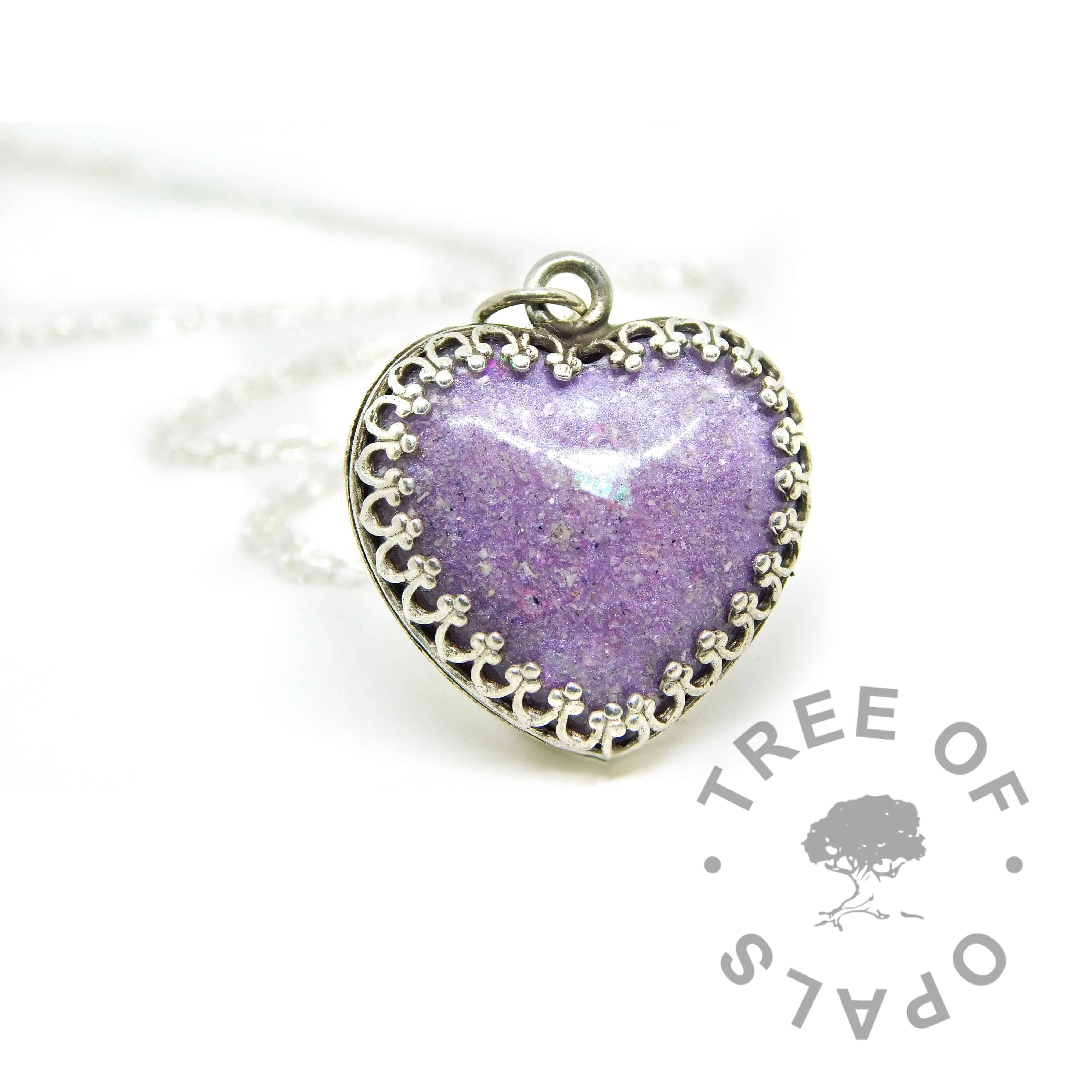 orchid purple cremation ash heart necklace shown with lightweight chain (included)