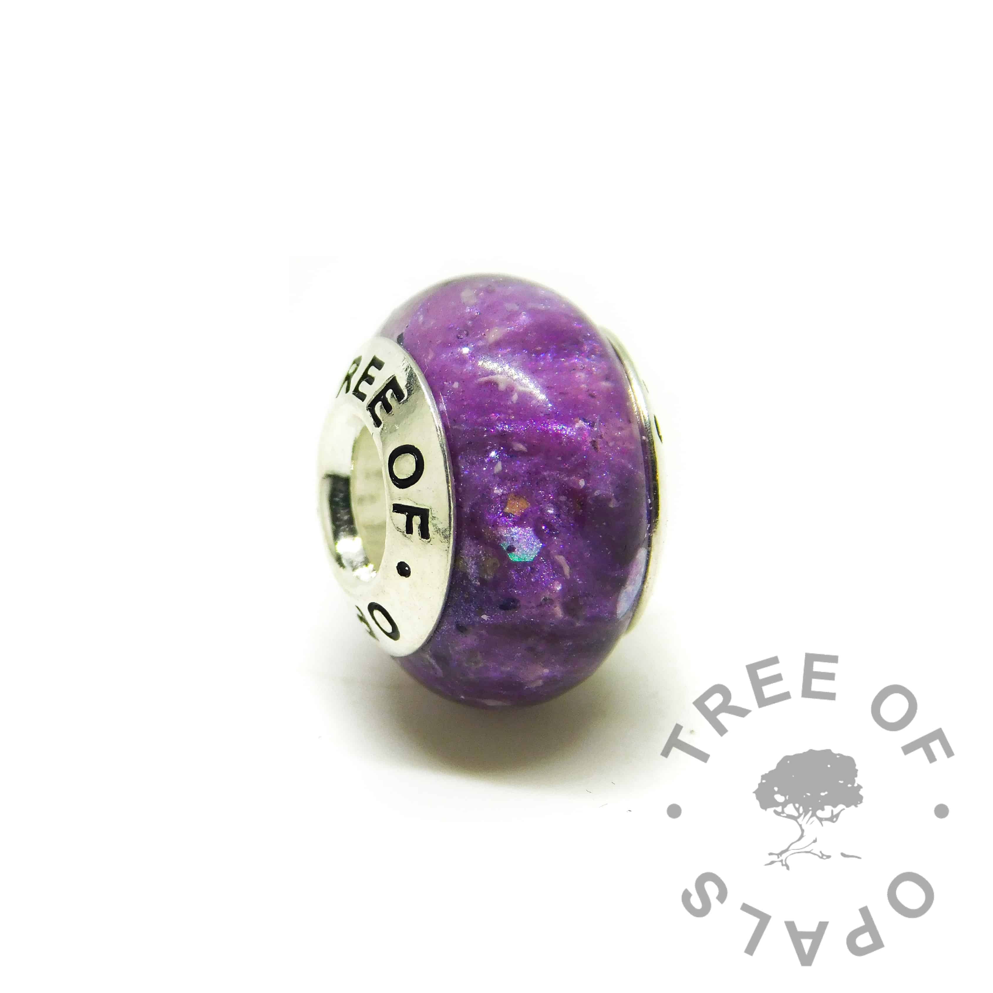 ashes charm with Tree of Opals core, orchid purple resin sparkle mix cremation ashes charm bead