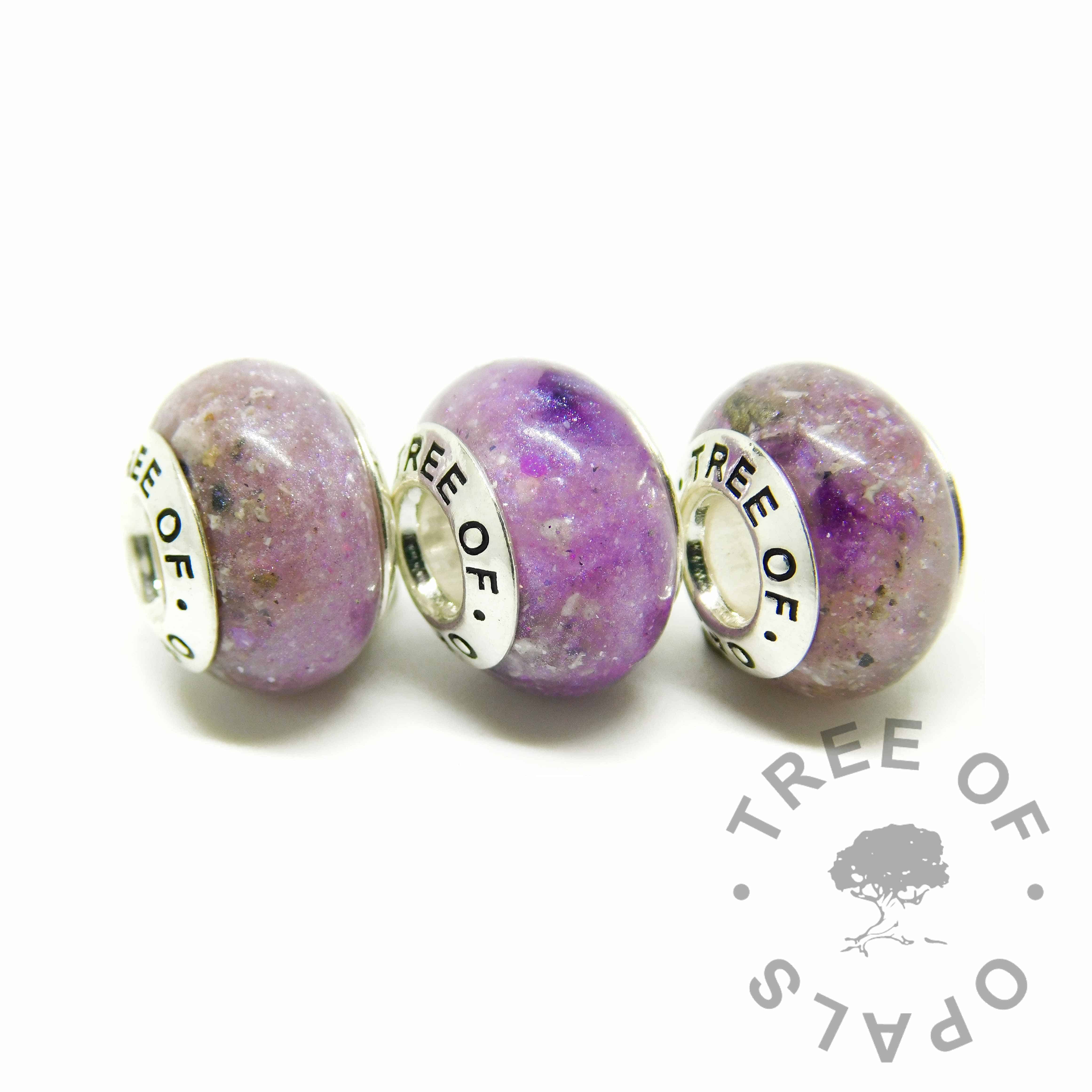 three orchid purple cremation ashes charms with February birthstone rough natural amethyst