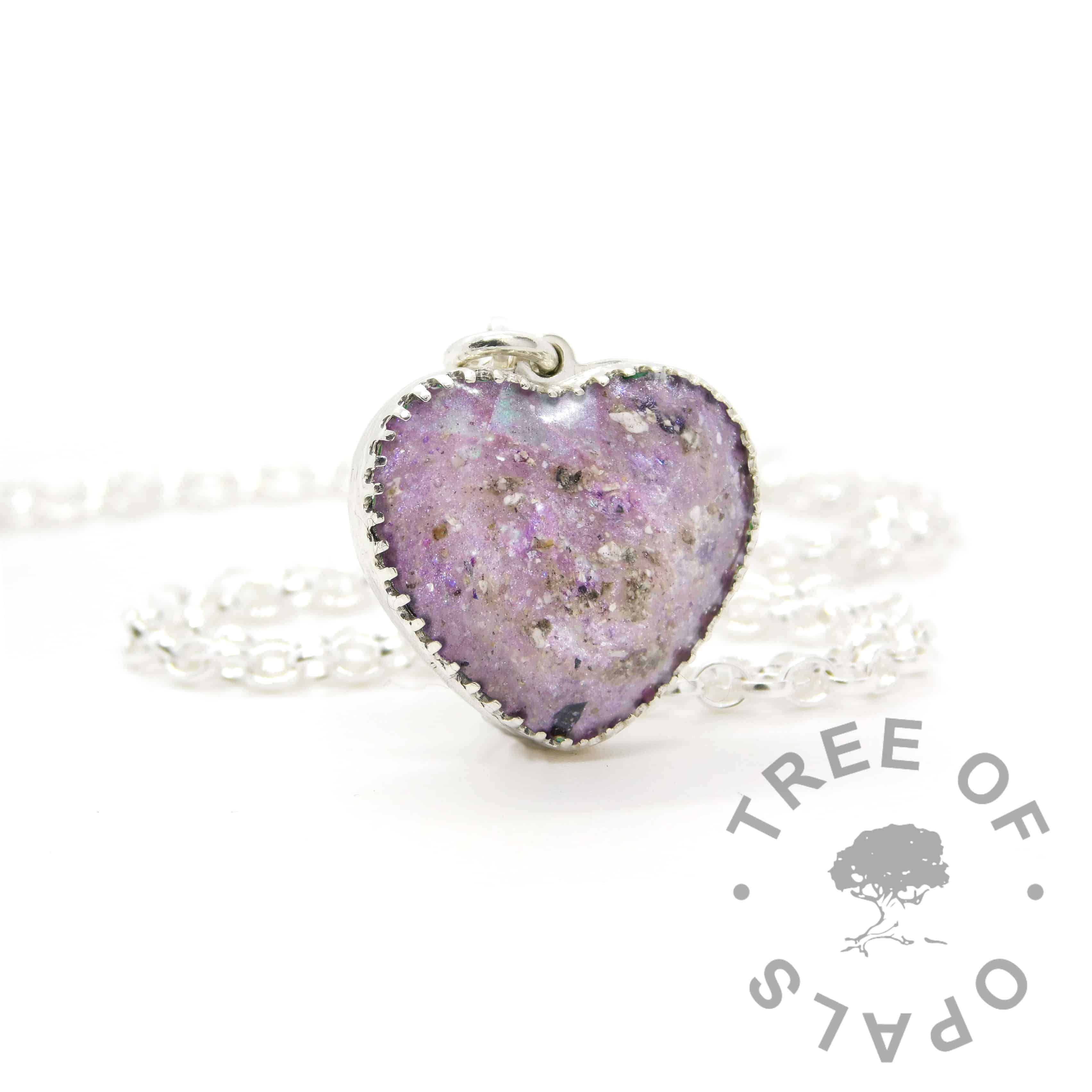 New style heart necklace setting with scalloped edge. Orchid purple resin sparkle mix, cremation ashes, shown with a medium classic chain upgrade (mockup of new setting)