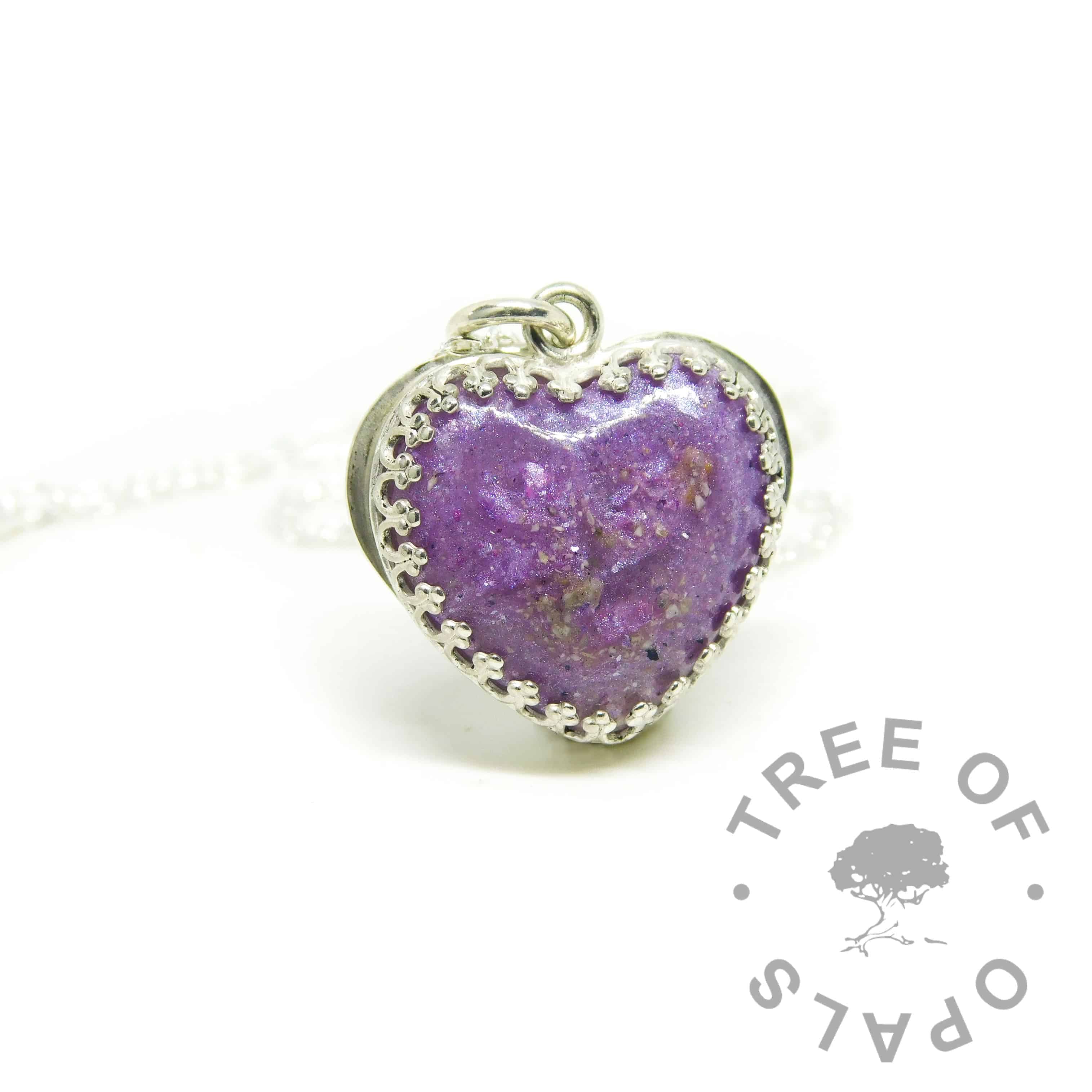 purple ashes heart necklace. Orchid purple resin sparkle mix and cremation ashes