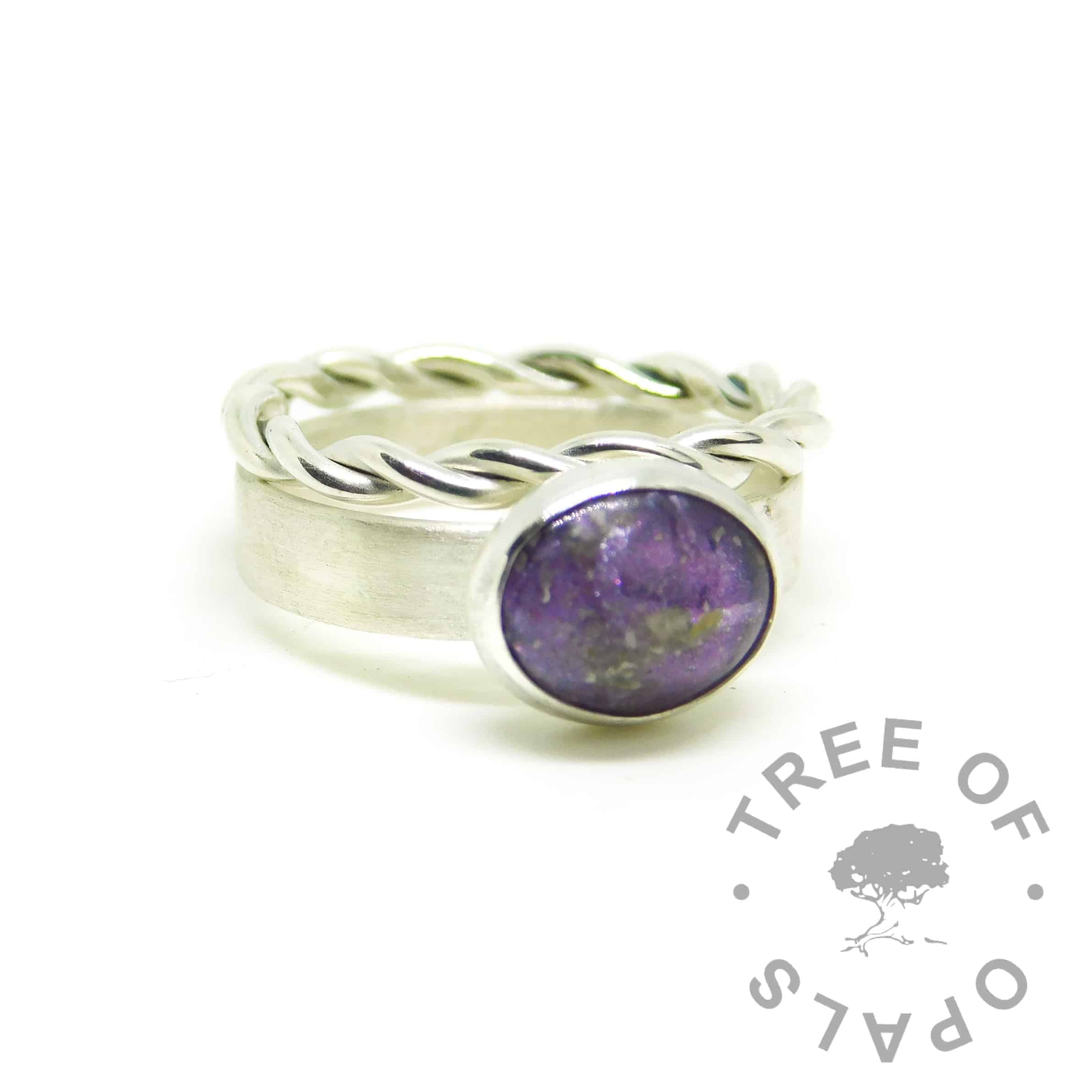 purple ashes jewellery, ashes ring on 3mm brushed band with orchid purple resin sparkle mix, shown with a twisted slim stacking ring. All high purity 935 Argentium solid silver