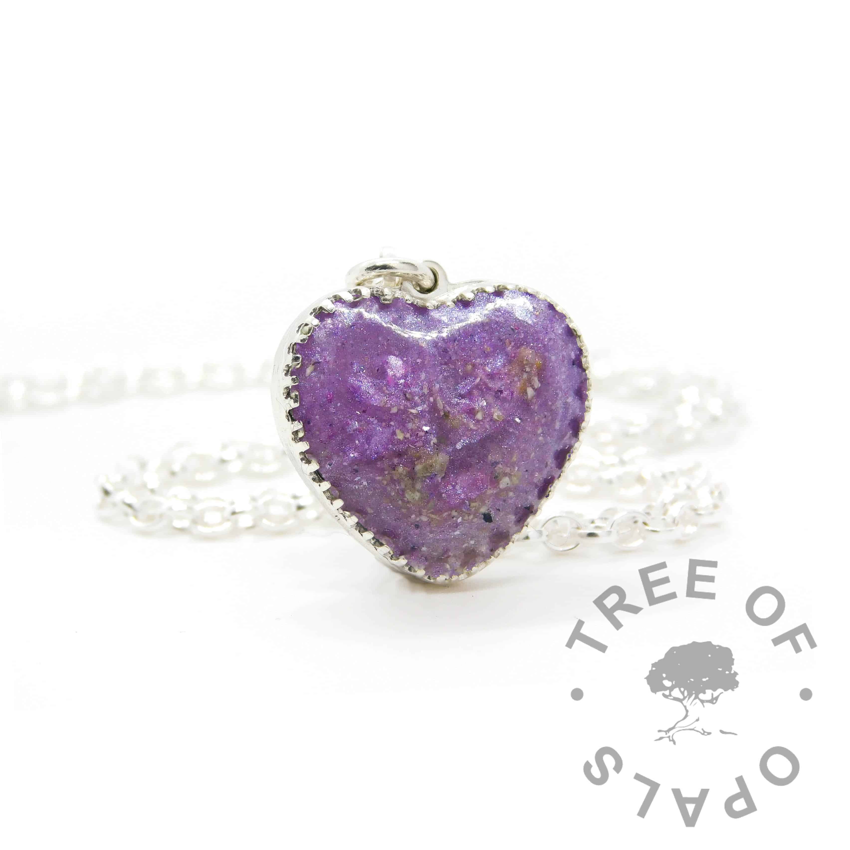 New style heart necklace setting with scalloped edge. Orchid purple resin sparkle mix, umbilical cord, shown with a medium classic chain upgrade (mockup of new setting)