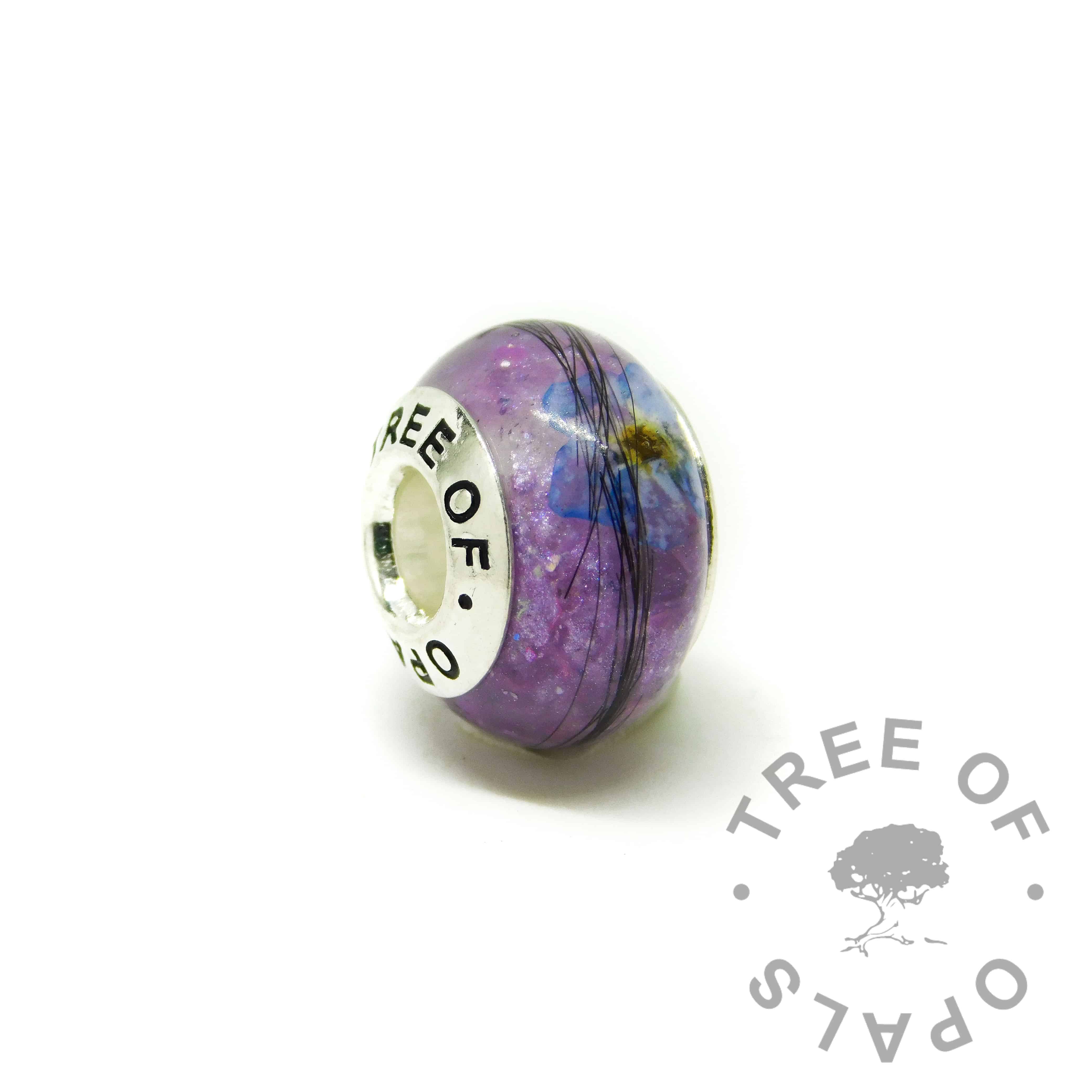 lock of hair charm with Tree of Opals core, orchid purple resin sparkle mix. Forget me not VIP addition