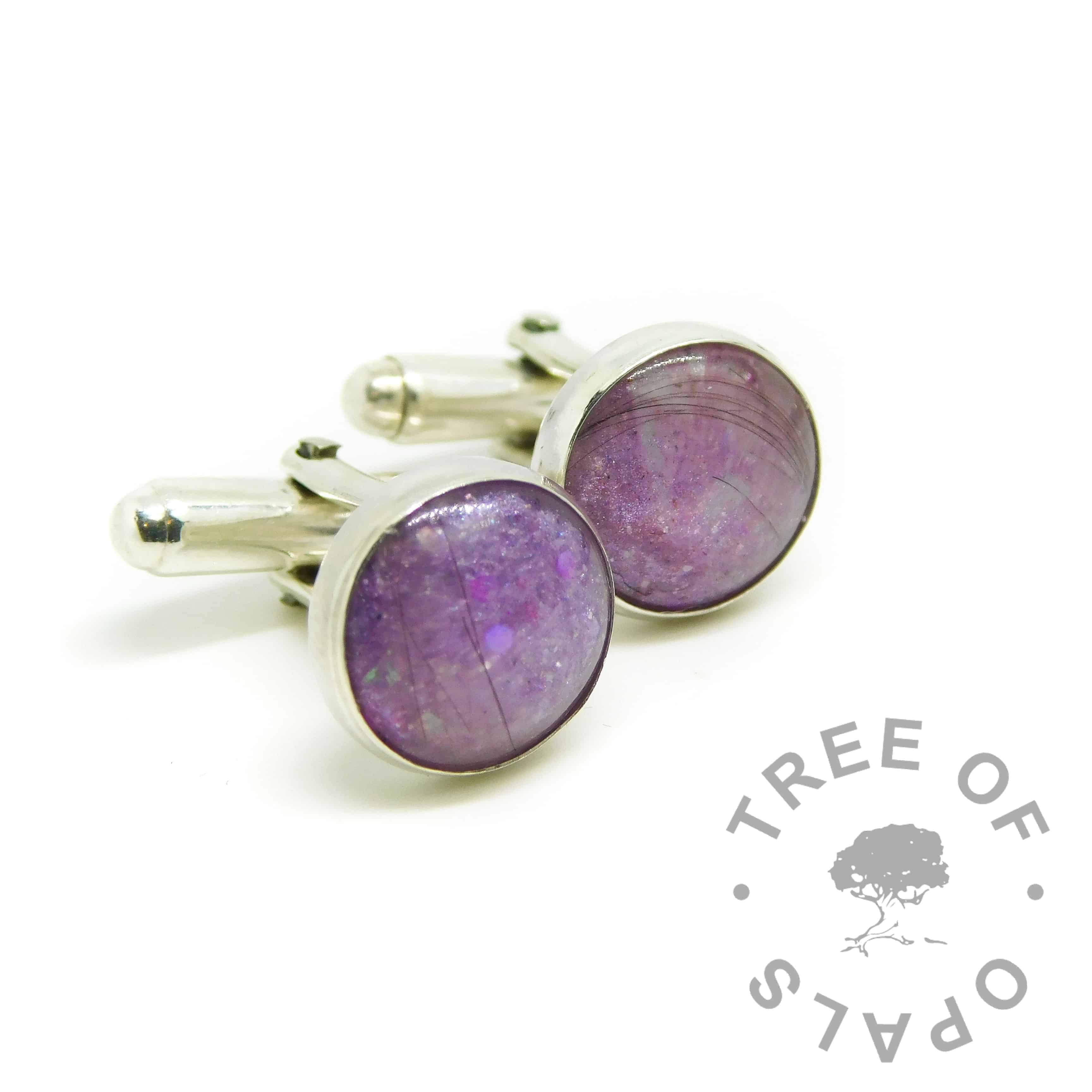 lock of hair cufflinks with Orchid Purple Resin Sparkle Mix, white/clear see-through hair, two pairs