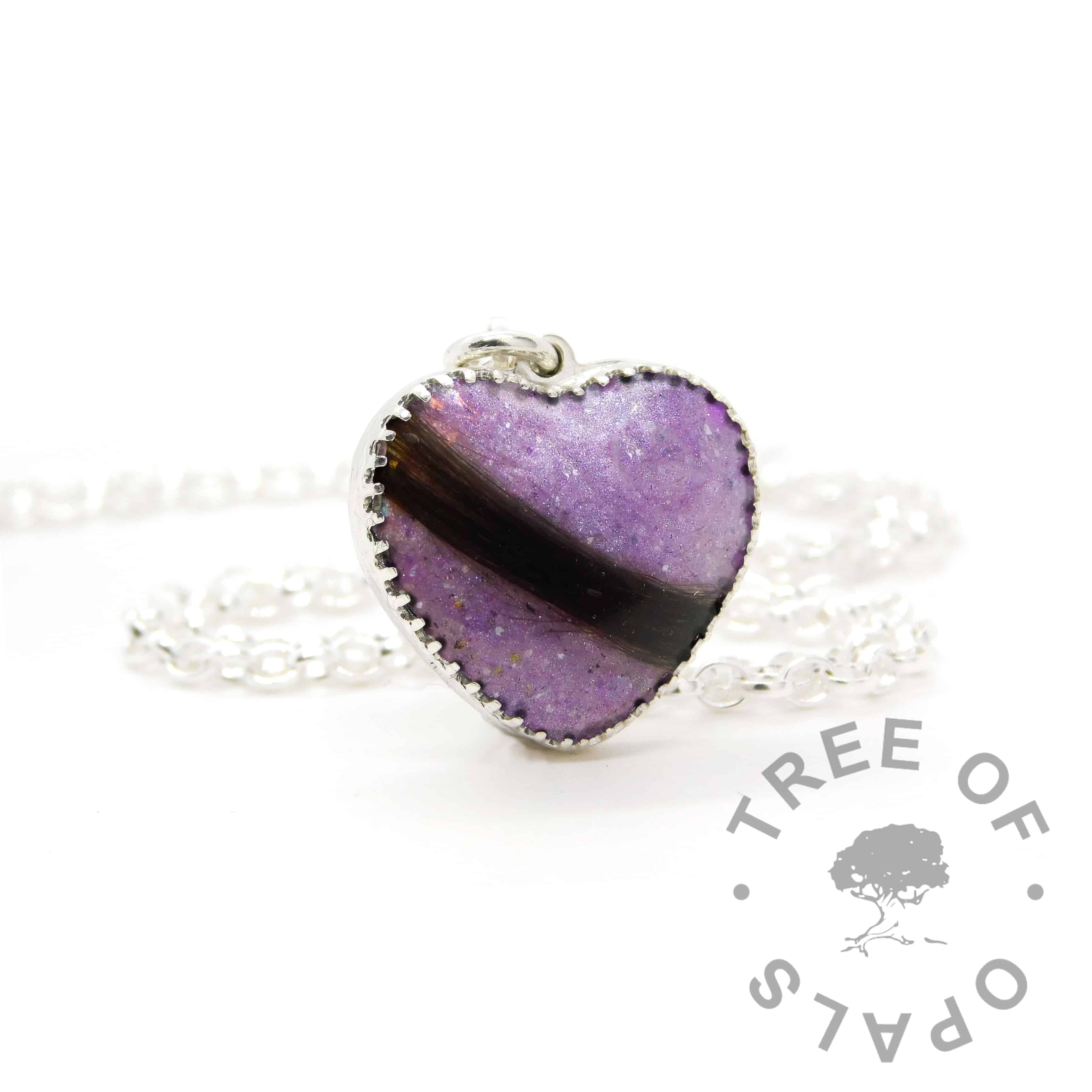 New style heart necklace setting with scalloped edge. Orchid purple resin sparkle mix, lock of hair, shown with a medium classic chain upgrade (mockup of new setting)