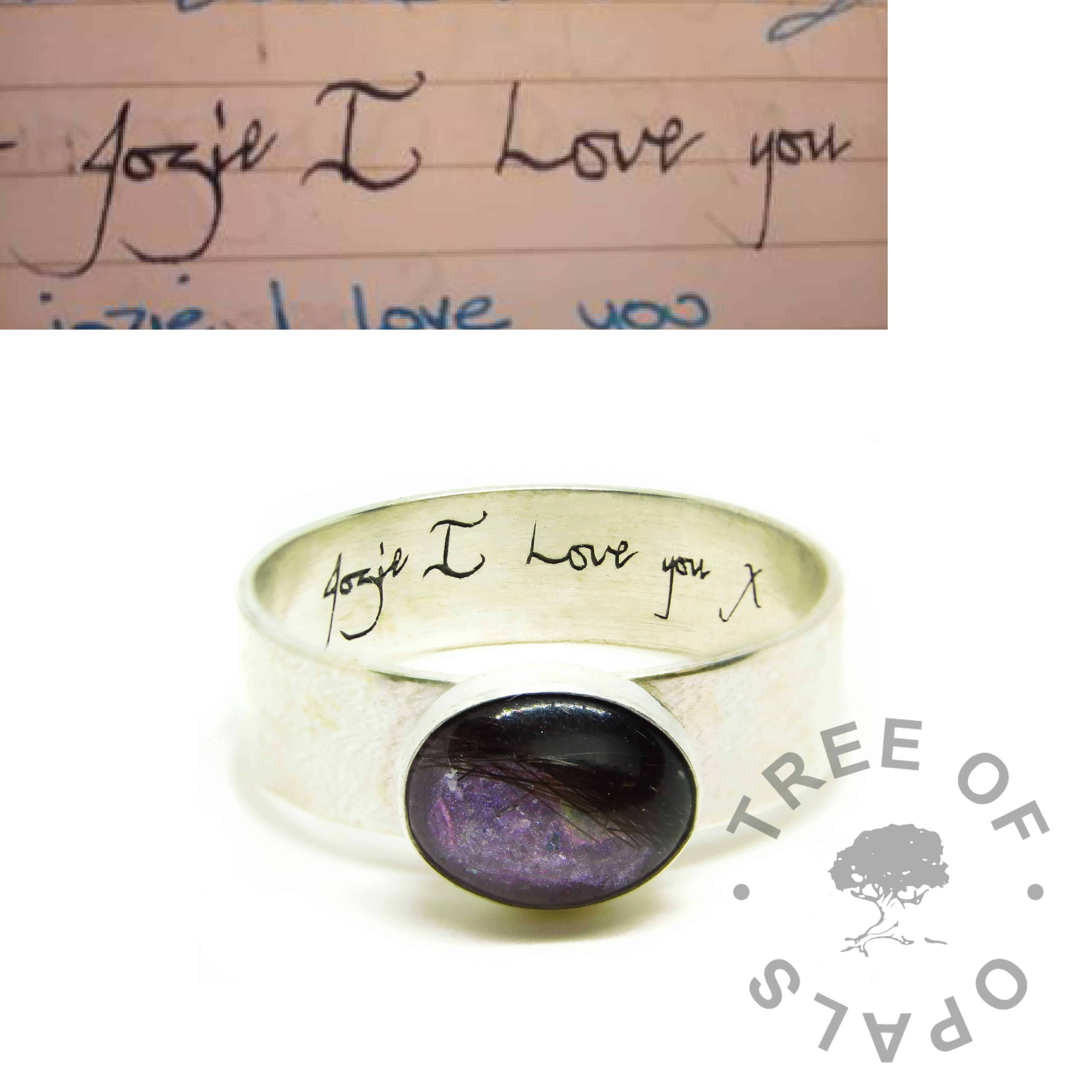 lock of hair ring on 6mm shiny band with handwriting engraving on the inside. Orchid purple resin sparkle mix