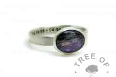 fur ring engraved with memorial dates in arial font, orchid purple sparkle mix, brushed band
