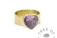 gold ashes heart ring wide band, 9ct gold brushed band, orchid purple resin sparkle mix. Mockup