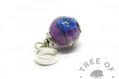 Hair orb with orchid purple and forget me not, shown on a European setting dangle charm for Pandora bracelets