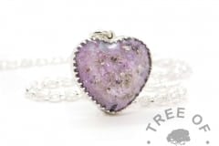 New style heart necklace setting with scalloped edge. Orchid purple resin sparkle mix, cremation ashes, shown with a medium classic chain upgrade (mockup of new setting)