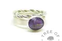 purple ashes jewellery, ashes ring on 3mm brushed band with orchid purple resin sparkle mix, shown with a twisted slim stacking ring. All high purity 935 Argentium solid silver