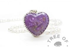 New style heart necklace setting with scalloped edge. Orchid purple resin sparkle mix, umbilical cord, shown with a medium classic chain upgrade (mockup of new setting)