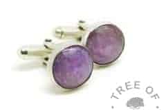 lock of hair cufflinks with Orchid Purple Resin Sparkle Mix, white/clear see-through hair, two pairs