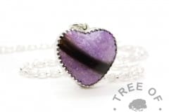 New style heart necklace setting with scalloped edge. Orchid purple resin sparkle mix, lock of hair, shown with a medium classic chain upgrade (mockup of new setting)