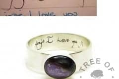 lock of hair ring on 6mm shiny band with handwriting engraving on the inside. Orchid purple resin sparkle mix