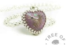 cremation ashes heart necklace with Orchid Purple Resin Sparkle Mix, medium classic necklace chain upgrade