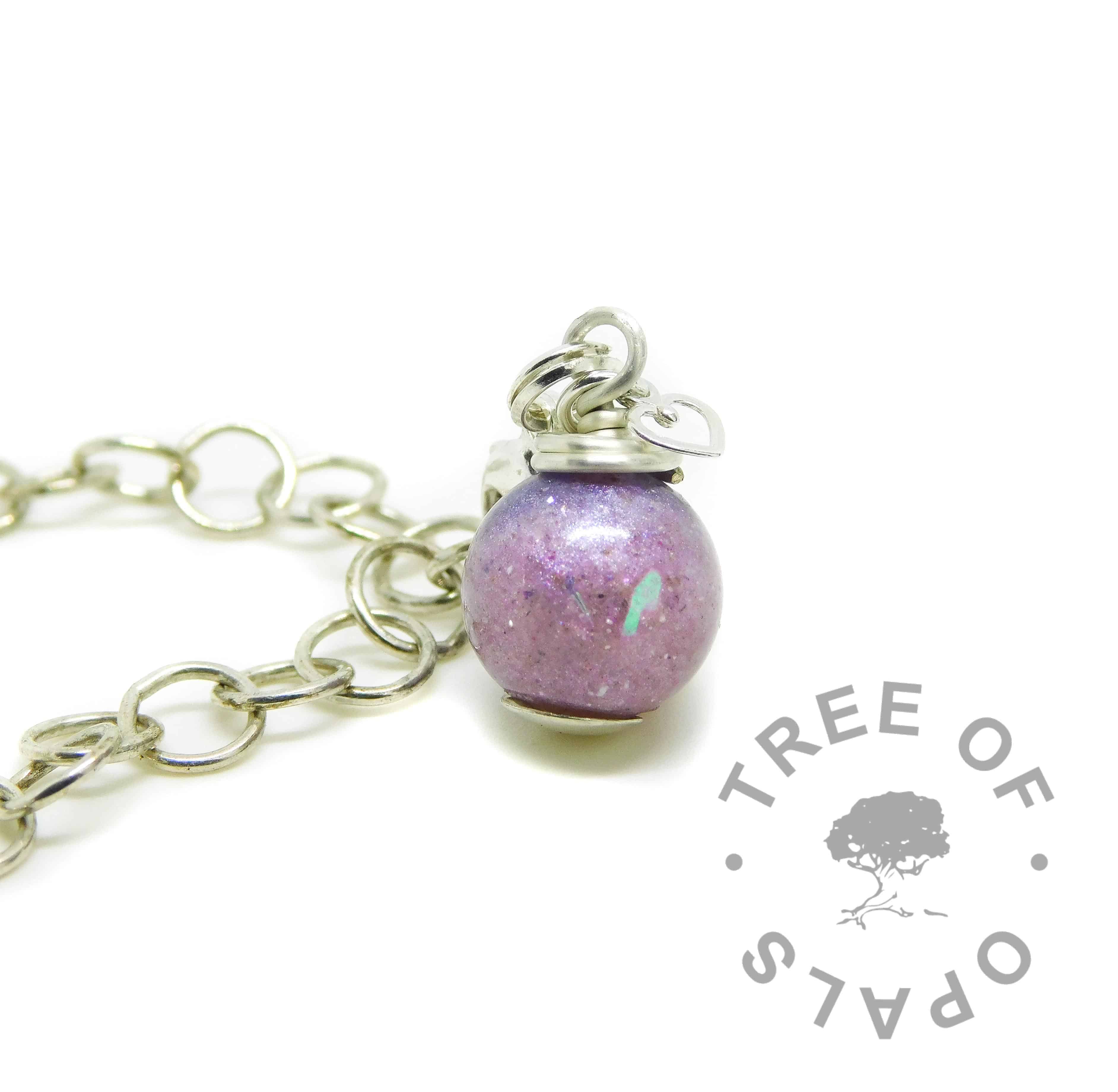 orchid purple cremation ash pearl lobster clasp setting, shown on large link chain (sold seperately)