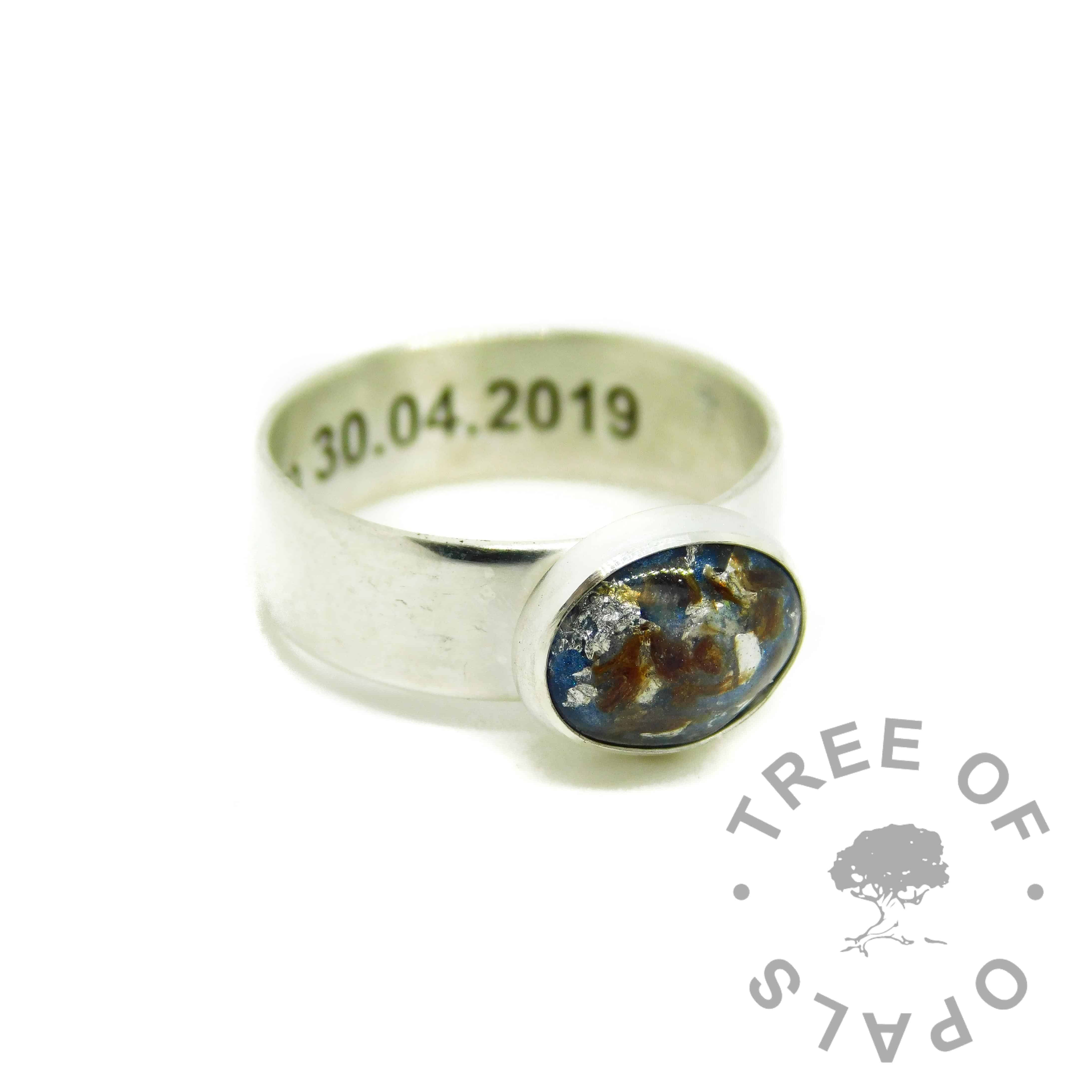umbilical cord ring aegean blue resin sparkle mix and silver leaf, 6mm wide shiny engraved band