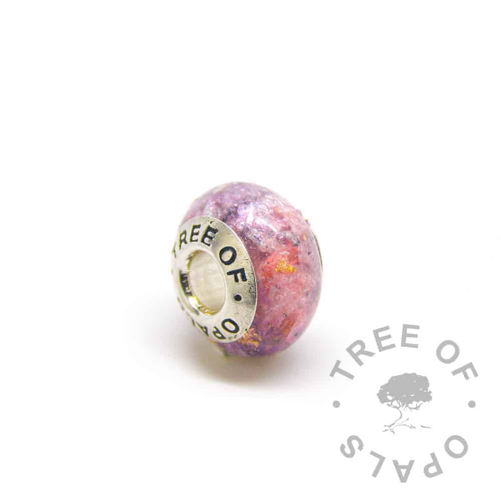 fairy pink cremation ash charm purple gold leaf and solid sterling silver Tree of Opals core