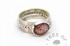 fairy pink sparkle mix, copper leaf and cremation ash ring on bubble band, textured and brushed band stack, 100% handmade from scratch memorial rings